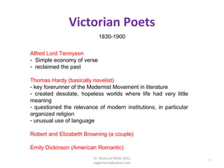 Victorian Poets
                            1830-1900


Alfred Lord Tennyson
- Simple economy of verse
- reclaimed the past

Thomas Hardy (basically novelist)
- key forerunner of the Modernist Movement in literature
- created desolate, hopeless worlds where life had very little
meaning
- questioned the relevance of modern institutions, in particular
organized religion
- unusual use of language

Robert and Elizabeth Browning (a couple)

Emily Dickinson (American Romantic)
                         Dr. Noora Al-Malki 2012
                                                                   7
                         eaglenoora@yahoo.com
 