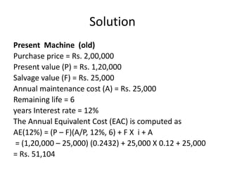 Solution
Present Machine (old)
Purchase price = Rs. 2,00,000
Present value (P) = Rs. 1,20,000
Salvage value (F) = Rs. 25,000
Annual maintenance cost (A) = Rs. 25,000
Remaining life = 6
years Interest rate = 12%
The Annual Equivalent Cost (EAC) is computed as
AE(12%) = (P – F)(A/P, 12%, 6) + F X i + A
= (1,20,000 – 25,000) (0.2432) + 25,000 X 0.12 + 25,000
= Rs. 51,104
 