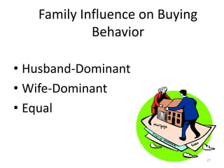 Family Influence on Buying
Behavior
• Husband-Dominant
• Wife-Dominant
• Equal
27
 