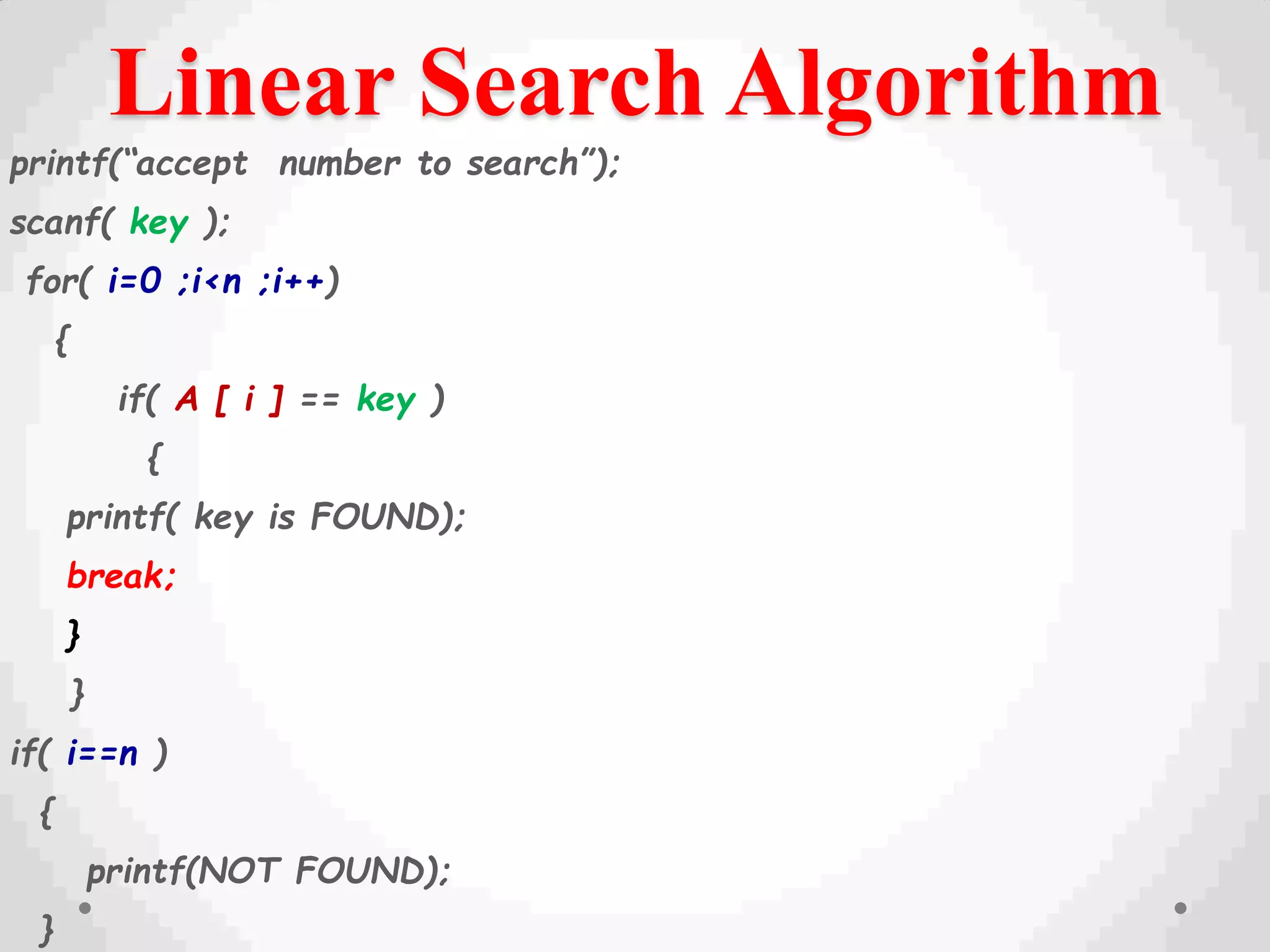 Linear Search Algorithm
printf(“accept number to search”);
scanf( key );
for( i=0 ;i<n ;i++)
{
if( A [ i ] == key )
{
printf( key is FOUND);
break;
}
}
if( i==n )
{
printf(NOT FOUND);
}
 