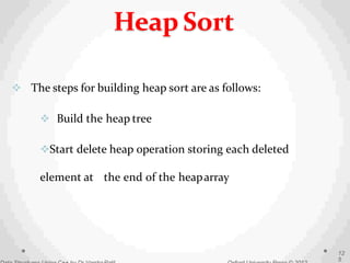  The steps for building heap sort are as follows:
 Build the heap tree
Start delete heap operation storing each deleted
element at the end of the heaparray
12
5
Heap Sort
 