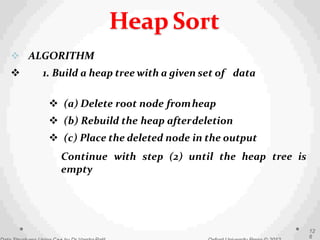  ALGORITHM
 1. Build a heap tree with a given set of data
 (a) Delete root node fromheap
 (b) Rebuild the heap afterdeletion
 (c) Place the deleted node in the output
12
6
Continue with step (2) until the heap tree is
empty
Heap Sort
 