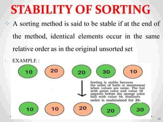  A sorting method is said to be stable if at the end of
the method, identical elements occur in the same
relative order as in the original unsorted set
1. EXAMPLE :
38
STABILITY OF SORTING
 