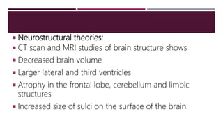  Neurostructural theories:
 CT scan and MRI studies of brain structure shows
 Decreased brain volume
 Larger lateral and third ventricles
 Atrophy in the frontal lobe, cerebellum and limbic
structures
 Increased size of sulci on the surface of the brain.
 