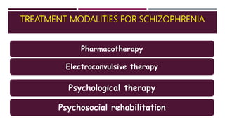 TREATMENT MODALITIES FOR SCHIZOPHRENIA
Pharmacotherapy
Electroconvulsive therapy
Psychological therapy
Psychosocial rehabilitation
 