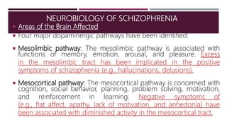  Areas of the Brain Affected
 Four major dopaminergic pathways have been identified:
 Mesolimbic pathway: The mesolimbic pathway is associated with
functions of memory, emotion, arousal, and pleasure. Excess
in the mesolimbic tract has been implicated in the positive
symptoms of schizophrenia (e.g., hallucinations, delusions).
 Mesocortical pathway: The mesocortical pathway is concerned with
cognition, social behavior, planning, problem solving, motivation,
and reinforcement in learning. Negative symptoms of
(e.g., flat affect, apathy, lack of motivation, and anhedonia) have
been associated with diminished activity in the mesocortical tract.
NEUROBIOLOGY OF SCHIZOPHRENIA
 