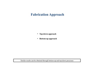 Similar results can be obtained through bottom-up and top-down processes
• Top-down approach
• Bottom-up approach
Fabrication Approach
 