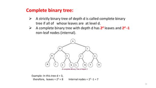  A strictly binary tree of depth d is called complete binary
tree if all of whose leaves are at level d.
 A complete binary tree with depth d has 2d leaves and 2d -1
non-leaf nodes (internal).
Complete binary tree:
Example: In this tree d = 3,
therefore, leaves = 23 = 8 Internal nodes = 23 -1 = 7
15
 