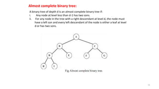 A binary tree of depth d is an almost complete binary tree if:
i. Any node at level less than d-1 has two sons.
ii. For any node in the tree with a right descendant at level d, the node must
have a left son and every left descendant of the node is either a leaf at level
d or has two sons.
Almost complete binary tree:
16
 