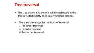  The tree traversal is a way in which each node in the
tree is visited exactly once in a symmetric manner.
 There are three popular methods of traversal
i. Pre-order traversal
ii. In-order traversal
iii. Post-order traversal
Tree traversal
24
 