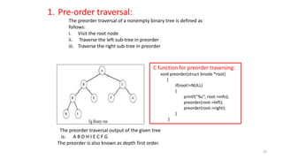 1. Pre-order traversal:
The preorder traversal of a nonempty binary tree is defined as
follows:
i. Visit the root node
ii. Traverse the left sub-tree in preorder
iii. Traverse the right sub-tree in preorder
The preorder traversal output of the given tree
is: A B D H I E C F G
The preorder is also known as depth first order.
C function for preorder traversing:
void preorder(struct bnode *root)
{
if(root!=NULL)
{
printf(“%c”, root->info);
preorder(root->left);
preorder(root->right);
}
}
25
 