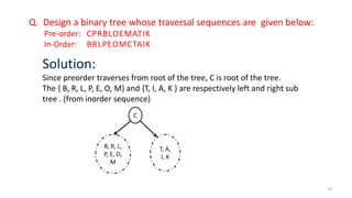 Q. Design a binary tree whose traversal sequences are given below:
Pre-order: CPRBLOEMATIK
In-Order: BRLPEOMCTAIK
Solution:
Since preorder traverses from root of the tree, C is root of the tree.
The { B, R, L, P, E, O, M} and {T, I, A, K } are respectively left and right sub
tree . (from inorder sequence)
C
T, A,
I, K
B, R, L,
P, E, O,
M
28
 