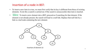 • To insert a new item in a tree, we must first verify that its key is different from those of existing
elements. To do this a search is carried out. If the search is unsuccessful, then item is inserted.
• Idea: To insert a new element into a BST, proceed as if searching for that element. If the
element is not already present, the search will lead to a null link. Replace that null link by a
link to a leaf node containing the new element.
Insertion of a node in BST:
15
9
13
12
10
18
20
22
25
Insertion of element 13
42
 