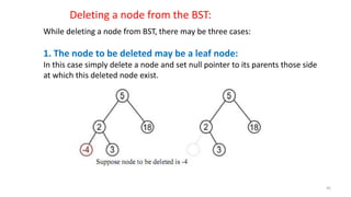 While deleting a node from BST, there may be three cases:
1. The node to be deleted may be a leaf node:
In this case simply delete a node and set null pointer to its parents those side
at which this deleted node exist.
Deleting a node from the BST:
45
 