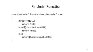 struct bstnode * findmin(struct bstnode * root)
{
if(root==NULL)
return NULL;
else if(root->left ==NULL)
return head;
else
return(findmin(root->left));
}
Findmin Function
50
 