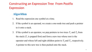 Constructing an Expression Tree From Postfix
Expression
Algorithm
1. Read the expression one symbol at a time.
2. If the symbol is an operand, we create a one-node tree and push a pointer
to it onto a stack.
3. If the symbol is an operator, we pop pointers to two trees T1 and T2 from
the stack (T1 is popped first) and form a new tree whose root is the
operator and whose left and right children point to T2 and T1, respectively.
A pointer to this new tree is then pushed onto the stack.
54
 