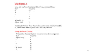 Example: 2
Let us take any four characters and their frequencies as follows:
Char frequency
a 10
e 15
i 12
s 3
t 4
Sp (space) 13
nl (new line) 1
Fixed Length Format: These 7 characters can be represented by three bits.
So, total number of bits = (10+15+12+3+4+13+1) * 3 = 174
Using Huffman Coding
First sort the characters by their frequency in non-decreasing order.
Char frequency
nl (new line) 1
s 3
t 4
a 10
i 12
Sp (space) 13
e 15
65
 