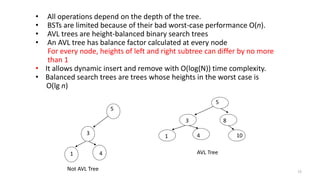 5
3 8
1 4 10
AVL Tree
5
3
1 4
Not AVL Tree
• All operations depend on the depth of the tree.
• BSTs are limited because of their bad worst-case performance O(n).
• AVL trees are height-balanced binary search trees
• An AVL tree has balance factor calculated at every node
For every node, heights of left and right subtree can differ by no more
than 1
• It allows dynamic insert and remove with O(log(N)) time complexity.
• Balanced search trees are trees whose heights in the worst case is
O(lg n)
73
 