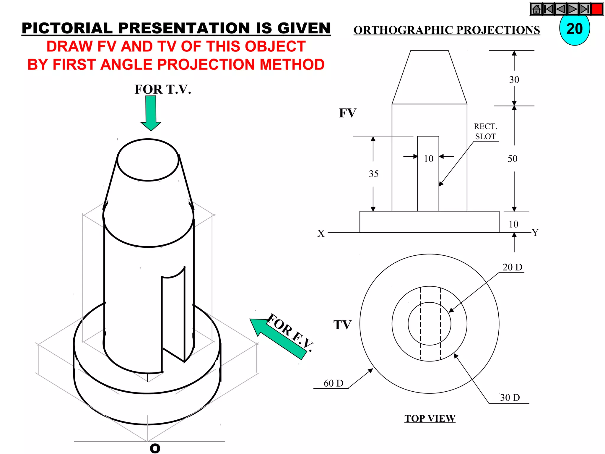 O
20 D
30 D
60 D
TV
10
30
50
10
35
FV
X Y
RECT.
SLOT
FOR T.V.
FOR
F.V.
PICTORIAL PRESENTATION IS GIVEN
DRAW FV AND TV OF THIS OBJECT
BY FIRST ANGLE PROJECTION METHOD
20ORTHOGRAPHIC PROJECTIONS
TOP VIEW
 