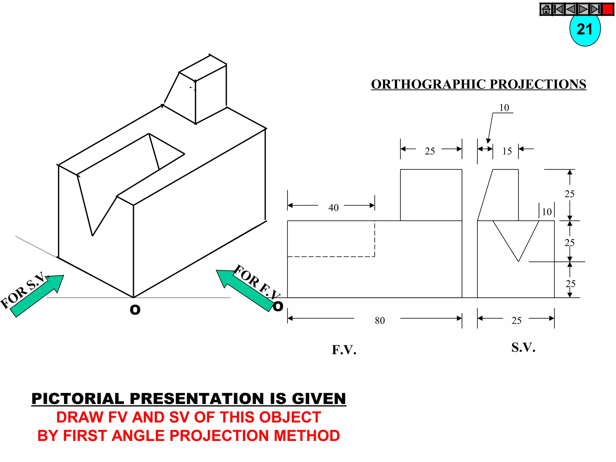 O O
40
25
80
F.V.
10
15
25
25
25
25
10
S.V.
FOR
S.V.
FOR
F.V.
PICTORIAL PRESENTATION IS GIVEN
DRAW FV AND SV OF THIS OBJECT
BY FIRST ANGLE PROJECTION METHOD
21
ORTHOGRAPHIC PROJECTIONS
 