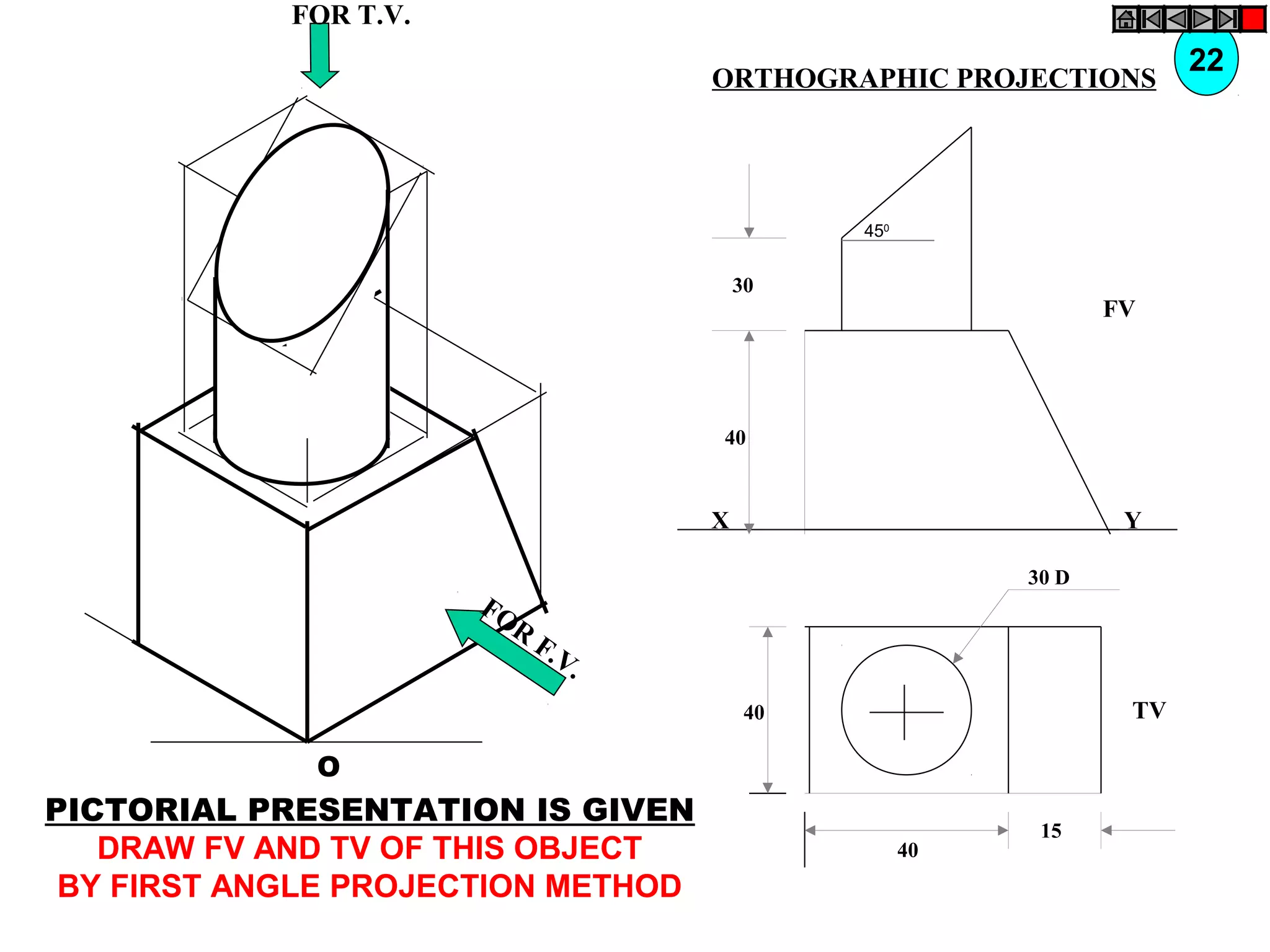 450
X
FV
Y
30
40
TV
30 D
40
40
15
O
FOR T.V.
FOR
F.V.
PICTORIAL PRESENTATION IS GIVEN
DRAW FV AND TV OF THIS OBJECT
BY FIRST ANGLE PROJECTION METHOD
22
ORTHOGRAPHIC PROJECTIONS
 