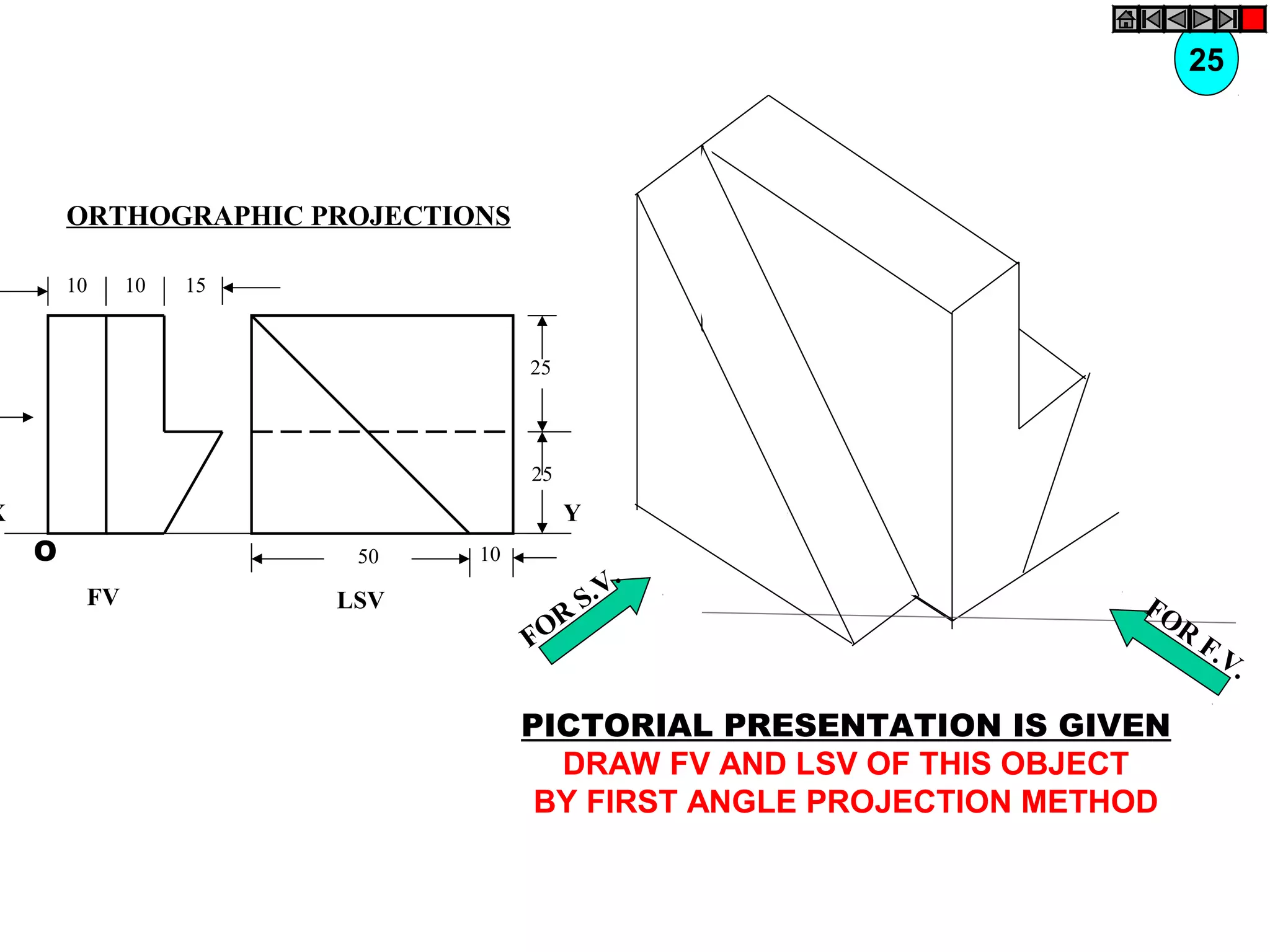LSV
Y
25
25
1050
FV
X
10 10 15
O
FOR
S.V.
FOR
F.V.
PICTORIAL PRESENTATION IS GIVEN
DRAW FV AND LSV OF THIS OBJECT
BY FIRST ANGLE PROJECTION METHOD
25
ORTHOGRAPHIC PROJECTIONS
 