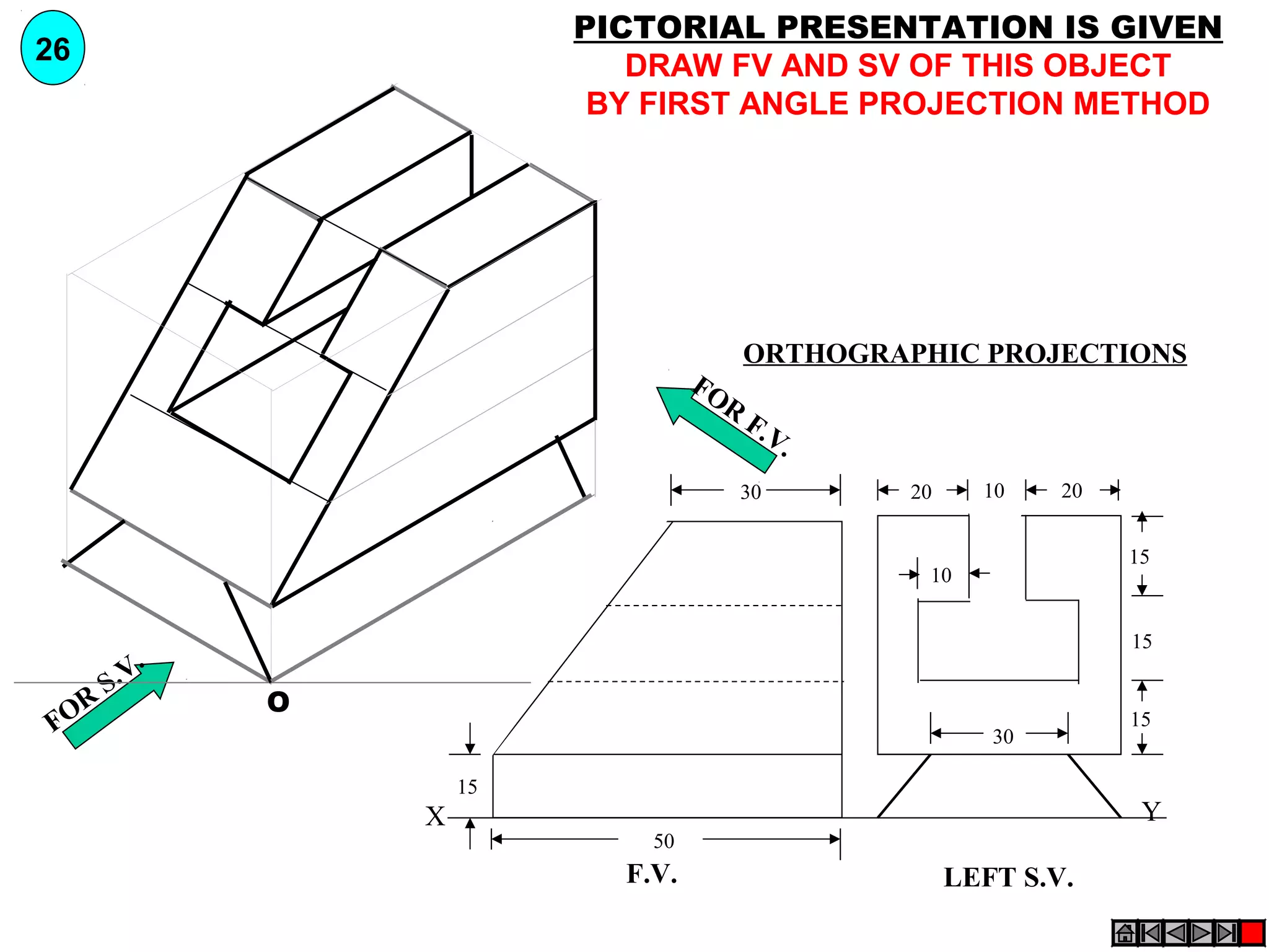 YX
F.V. LEFT S.V.
20 2010
15
15
15
30
10
30
50
15
FOR
S.V.
FOR
F.V.
O
PICTORIAL PRESENTATION IS GIVEN
DRAW FV AND SV OF THIS OBJECT
BY FIRST ANGLE PROJECTION METHOD
26
ORTHOGRAPHIC PROJECTIONS
 