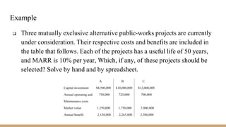 Example
 Three mutually exclusive alternative public-works projects are currently
under consideration. Their respective costs and benefits are included in
the table that follows. Each of the projects has a useful life of 50 years,
and MARR is 10% per year, Which, if any, of these projects should be
selected? Solve by hand and by spreadsheet.
A B C
Capital investment $8,500,000 $10,000,000 $12,000,000
Annual operating and 750,000 725,000 700,000
Maintenance costs
Market value 1,250,000 1,750,000 2,000,000
Annual benefit 2,150,000 2,265,000 2,500,000
 