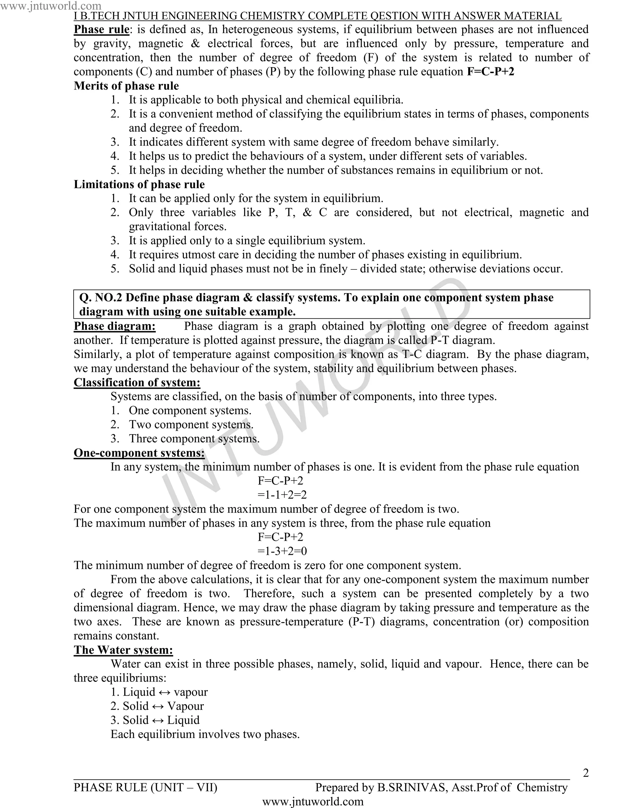 www.jntuworld.com
            I B.TECH JNTUH ENGINEERING CHEMISTRY COMPLETE QESTION WITH ANSWER MATERIAL
            Phase rule: is defined as, In heterogeneous systems, if equilibrium between phases are not influenced
            by gravity, magnetic & electrical forces, but are influenced only by pressure, temperature and
            concentration, then the number of degree of freedom (F) of the system is related to number of
            components (C) and number of phases (P) by the following phase rule equation F=C-P+2
            Merits of phase rule
                   1. It is applicable to both physical and chemical equilibria.
                   2. It is a convenient method of classifying the equilibrium states in terms of phases, components
                       and degree of freedom.
                   3. It indicates different system with same degree of freedom behave similarly.
                   4. It helps us to predict the behaviours of a system, under different sets of variables.
                   5. It helps in deciding whether the number of substances remains in equilibrium or not.
            Limitations of phase rule
                   1. It can be applied only for the system in equilibrium.
                   2. Only three variables like P, T, & C are considered, but not electrical, magnetic and
                       gravitational forces.
                   3. It is applied only to a single equilibrium system.
                   4. It requires utmost care in deciding the number of phases existing in equilibrium.
                   5. Solid and liquid phases must not be in finely – divided state; otherwise deviations occur.



                                                                                   D
             Q. NO.2 Define phase diagram & classify systems. To explain one component system phase
             diagram with using one suitable example.
            Phase diagram:


                                                                   R             L
                                   Phase diagram is a graph obtained by plotting one degree of freedom against
            another. If temperature is plotted against pressure, the diagram is called P-T diagram.
            Similarly, a plot of temperature against composition is known as T-C diagram. By the phase diagram,


                                                                 O
            we may understand the behaviour of the system, stability and equilibrium between phases.
            Classification of system:
                    Systems are classified, on the basis of number of components, into three types.
                    1. One component systems.
                    2. Two component systems.
                    3. Three component systems.
                                                 U W
            One-component systems:

                                     T
                    In any system, the minimum number of phases is one. It is evident from the phase rule equation


                                   N               F=C-P+2


                              J                    =1-1+2=2
            For one component system the maximum number of degree of freedom is two.
            The maximum number of phases in any system is three, from the phase rule equation
                                                   F=C-P+2
                                                   =1-3+2=0
            The minimum number of degree of freedom is zero for one component system.
                    From the above calculations, it is clear that for any one-component system the maximum number
            of degree of freedom is two. Therefore, such a system can be presented completely by a two
            dimensional diagram. Hence, we may draw the phase diagram by taking pressure and temperature as the
            two axes. These are known as pressure-temperature (P-T) diagrams, concentration (or) composition
            remains constant.
            The Water system:
                    Water can exist in three possible phases, namely, solid, liquid and vapour. Hence, there can be
            three equilibriums:
                    1. Liquid ↔ vapour
                    2. Solid ↔ Vapour
                    3. Solid ↔ Liquid
                    Each equilibrium involves two phases.


            _________________________________________________________________________________                     2
            PHASE RULE (UNIT – VII)                Prepared by B.SRINIVAS, Asst.Prof of Chemistry
                                           www.jntuworld.com
 