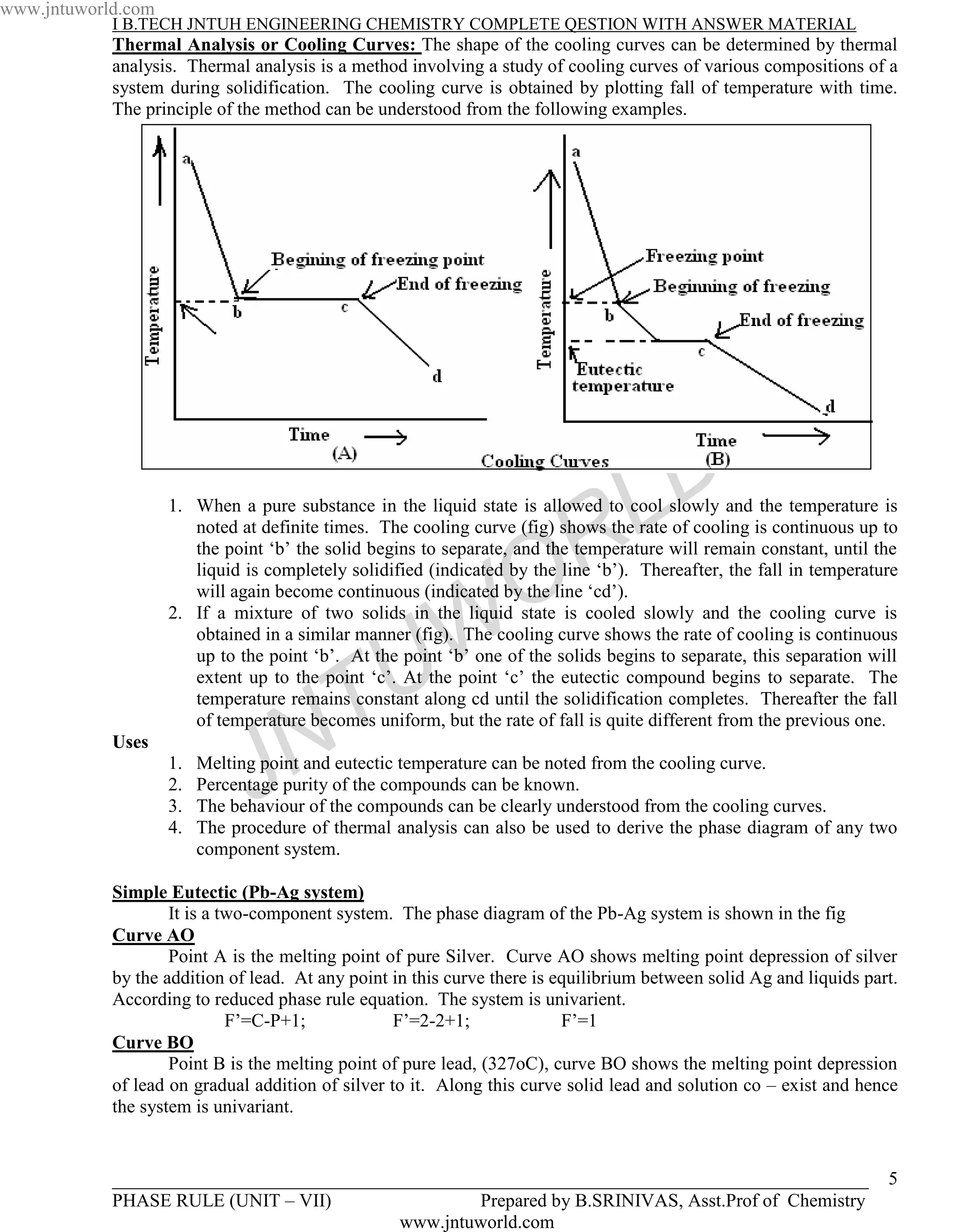 www.jntuworld.com
            I B.TECH JNTUH ENGINEERING CHEMISTRY COMPLETE QESTION WITH ANSWER MATERIAL
            Thermal Analysis or Cooling Curves: The shape of the cooling curves can be determined by thermal
            analysis. Thermal analysis is a method involving a study of cooling curves of various compositions of a
            system during solidification. The cooling curve is obtained by plotting fall of temperature with time.
            The principle of the method can be understood from the following examples.




                                                                                   L D
                    1. When a pure substance in the liquid state is allowed to cool slowly and the temperature is




                                                                   O R
                       noted at definite times. The cooling curve (fig) shows the rate of cooling is continuous up to
                       the point ‘b’ the solid begins to separate, and the temperature will remain constant, until the
                       liquid is completely solidified (indicated by the line ‘b’). Thereafter, the fall in temperature
                       will again become continuous (indicated by the line ‘cd’).


                                                    W
                    2. If a mixture of two solids in the liquid state is cooled slowly and the cooling curve is
                       obtained in a similar manner (fig). The cooling curve shows the rate of cooling is continuous


                                                  U
                       up to the point ‘b’. At the point ‘b’ one of the solids begins to separate, this separation will
                       extent up to the point ‘c’. At the point ‘c’ the eutectic compound begins to separate. The


                                      T
                       temperature remains constant along cd until the solidification completes. Thereafter the fall


                                    N
                       of temperature becomes uniform, but the rate of fall is quite different from the previous one.
            Uses
                    1.
                    2.
                    3.
                    4.
                               J
                         Melting point and eutectic temperature can be noted from the cooling curve.
                         Percentage purity of the compounds can be known.
                         The behaviour of the compounds can be clearly understood from the cooling curves.
                         The procedure of thermal analysis can also be used to derive the phase diagram of any two
                         component system.

            Simple Eutectic (Pb-Ag system)
                    It is a two-component system. The phase diagram of the Pb-Ag system is shown in the fig
            Curve AO
                    Point A is the melting point of pure Silver. Curve AO shows melting point depression of silver
            by the addition of lead. At any point in this curve there is equilibrium between solid Ag and liquids part.
            According to reduced phase rule equation. The system is univarient.
                             F’=C-P+1;             F’=2-2+1;              F’=1
            Curve BO
                    Point B is the melting point of pure lead, (327oC), curve BO shows the melting point depression
            of lead on gradual addition of silver to it. Along this curve solid lead and solution co – exist and hence
            the system is univariant.


            _________________________________________________________________________________                        5
            PHASE RULE (UNIT – VII)                Prepared by B.SRINIVAS, Asst.Prof of Chemistry
                                           www.jntuworld.com
 