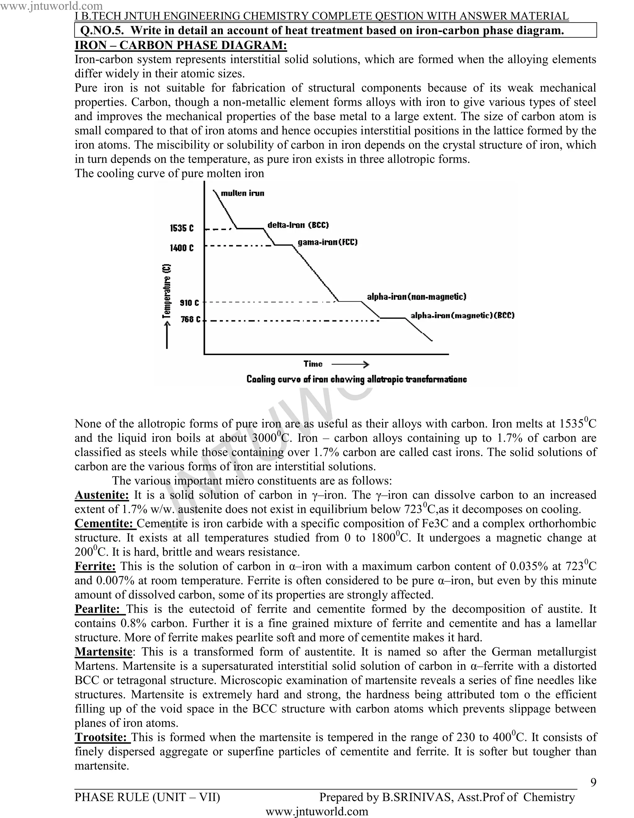 www.jntuworld.com
            I B.TECH JNTUH ENGINEERING CHEMISTRY COMPLETE QESTION WITH ANSWER MATERIAL
              Q.NO.5. Write in detail an account of heat treatment based on iron-carbon phase diagram.
            IRON – CARBON PHASE DIAGRAM:
            Iron-carbon system represents interstitial solid solutions, which are formed when the alloying elements
            differ widely in their atomic sizes.
            Pure iron is not suitable for fabrication of structural components because of its weak mechanical
            properties. Carbon, though a non-metallic element forms alloys with iron to give various types of steel
            and improves the mechanical properties of the base metal to a large extent. The size of carbon atom is
            small compared to that of iron atoms and hence occupies interstitial positions in the lattice formed by the
            iron atoms. The miscibility or solubility of carbon in iron depends on the crystal structure of iron, which
            in turn depends on the temperature, as pure iron exists in three allotropic forms.
            The cooling curve of pure molten iron




                                                                                   L D
                                                                   O R
                                                  U W
            None of the allotropic forms of pure iron are as useful as their alloys with carbon. Iron melts at 15350C
            and the liquid iron boils at about 30000C. Iron – carbon alloys containing up to 1.7% of carbon are


                                      T
            classified as steels while those containing over 1.7% carbon are called cast irons. The solid solutions of
            carbon are the various forms of iron are interstitial solutions.


                                    N
                    The various important micro constituents are as follows:



                              J
            Austenite: It is a solid solution of carbon in γ–iron. The γ–iron can dissolve carbon to an increased
            extent of 1.7% w/w. austenite does not exist in equilibrium below 723 0C,as it decomposes on cooling.
            Cementite: Cementite is iron carbide with a specific composition of Fe3C and a complex orthorhombic
            structure. It exists at all temperatures studied from 0 to 18000C. It undergoes a magnetic change at
            2000C. It is hard, brittle and wears resistance.
            Ferrite: This is the solution of carbon in α–iron with a maximum carbon content of 0.035% at 7230C
            and 0.007% at room temperature. Ferrite is often considered to be pure α–iron, but even by this minute
            amount of dissolved carbon, some of its properties are strongly affected.
            Pearlite: This is the eutectoid of ferrite and cementite formed by the decomposition of austite. It
            contains 0.8% carbon. Further it is a fine grained mixture of ferrite and cementite and has a lamellar
            structure. More of ferrite makes pearlite soft and more of cementite makes it hard.
            Martensite: This is a transformed form of austentite. It is named so after the German metallurgist
            Martens. Martensite is a supersaturated interstitial solid solution of carbon in α–ferrite with a distorted
            BCC or tetragonal structure. Microscopic examination of martensite reveals a series of fine needles like
            structures. Martensite is extremely hard and strong, the hardness being attributed tom o the efficient
            filling up of the void space in the BCC structure with carbon atoms which prevents slippage between
            planes of iron atoms.
            Trootsite: This is formed when the martensite is tempered in the range of 230 to 4000C. It consists of
            finely dispersed aggregate or superfine particles of cementite and ferrite. It is softer but tougher than
            martensite.
            _________________________________________________________________________________ 9
            PHASE RULE (UNIT – VII)                             Prepared by B.SRINIVAS, Asst.Prof of Chemistry
                                                     www.jntuworld.com
 