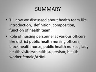 SUMMARY
• Till now we discussed about health team like
introduction, definition, composition,
function of health team .
• Role of nursing personnel at various officers
like district public health nursing officers,
block health nurse, public health nurses , lady
health visitors/health supervisor, health
worker female/ANM.
 