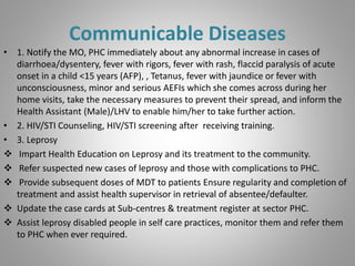 Communicable Diseases
• 1. Notify the MO, PHC immediately about any abnormal increase in cases of
diarrhoea/dysentery, fever with rigors, fever with rash, flaccid paralysis of acute
onset in a child <15 years (AFP), , Tetanus, fever with jaundice or fever with
unconsciousness, minor and serious AEFIs which she comes across during her
home visits, take the necessary measures to prevent their spread, and inform the
Health Assistant (Male)/LHV to enable him/her to take further action.
• 2. HIV/STI Counseling, HIV/STI screening after receiving training.
• 3. Leprosy
 Impart Health Education on Leprosy and its treatment to the community.
 Refer suspected new cases of leprosy and those with complications to PHC.
 Provide subsequent doses of MDT to patients Ensure regularity and completion of
treatment and assist health supervisor in retrieval of absentee/defaulter.
 Update the case cards at Sub-centres & treatment register at sector PHC.
 Assist leprosy disabled people in self care practices, monitor them and refer them
to PHC when ever required.
 