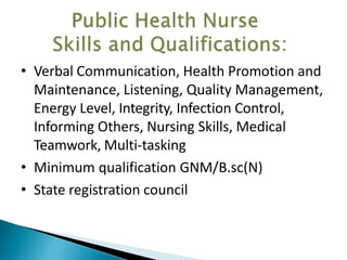 • Verbal Communication, Health Promotion and
Maintenance, Listening, Quality Management,
Energy Level, Integrity, Infection Control,
Informing Others, Nursing Skills, Medical
Teamwork, Multi-tasking
• Minimum qualification GNM/B.sc(N)
• State registration council
 