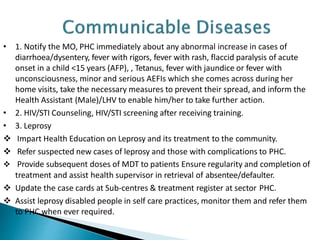 • 1. Notify the MO, PHC immediately about any abnormal increase in cases of
diarrhoea/dysentery, fever with rigors, fever with rash, flaccid paralysis of acute
onset in a child <15 years (AFP), , Tetanus, fever with jaundice or fever with
unconsciousness, minor and serious AEFIs which she comes across during her
home visits, take the necessary measures to prevent their spread, and inform the
Health Assistant (Male)/LHV to enable him/her to take further action.
• 2. HIV/STI Counseling, HIV/STI screening after receiving training.
• 3. Leprosy
 Impart Health Education on Leprosy and its treatment to the community.
 Refer suspected new cases of leprosy and those with complications to PHC.
 Provide subsequent doses of MDT to patients Ensure regularity and completion of
treatment and assist health supervisor in retrieval of absentee/defaulter.
 Update the case cards at Sub-centres & treatment register at sector PHC.
 Assist leprosy disabled people in self care practices, monitor them and refer them
to PHC when ever required.
 
