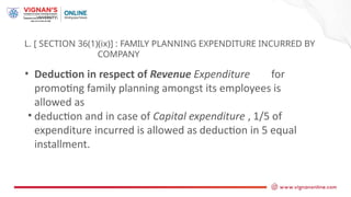 L. [ SECTION 36(1)(ix)] : FAMILY PLANNING EXPENDITURE INCURRED BY
COMPANY
• Deduction in respect of Revenue Expenditure for
promoting family planning amongst its employees is
allowed as
• deduction and in case of Capital expenditure , 1/5 of
expenditure incurred is allowed as deduction in 5 equal
installment.
 