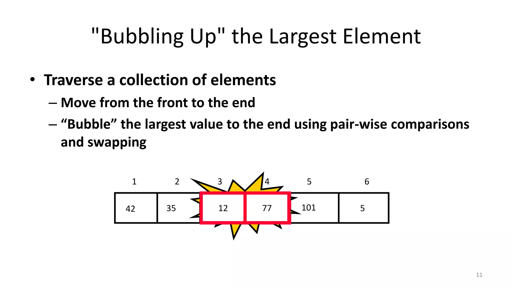 "Bubbling Up" the Largest Element
• Traverse a collection of elements
– Move from the front to the end
– “Bubble” the largest value to the end using pair-wise comparisons
and swapping
512773542 101
1 2 3 4 5 6
Swap12 77
11
 