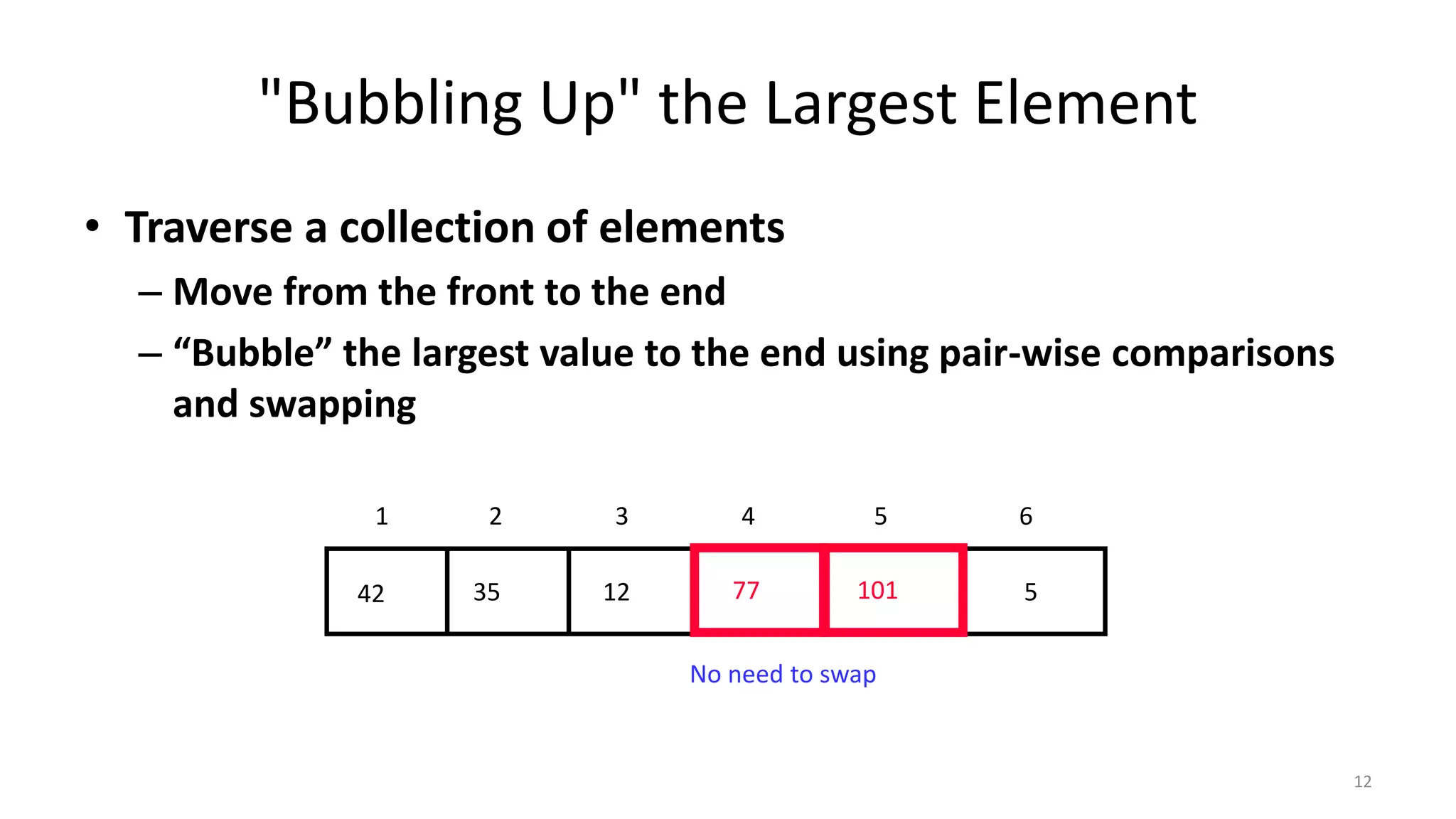 "Bubbling Up" the Largest Element
• Traverse a collection of elements
– Move from the front to the end
– “Bubble” the largest value to the end using pair-wise comparisons
and swapping
577123542 101
1 2 3 4 5 6
No need to swap
12
 