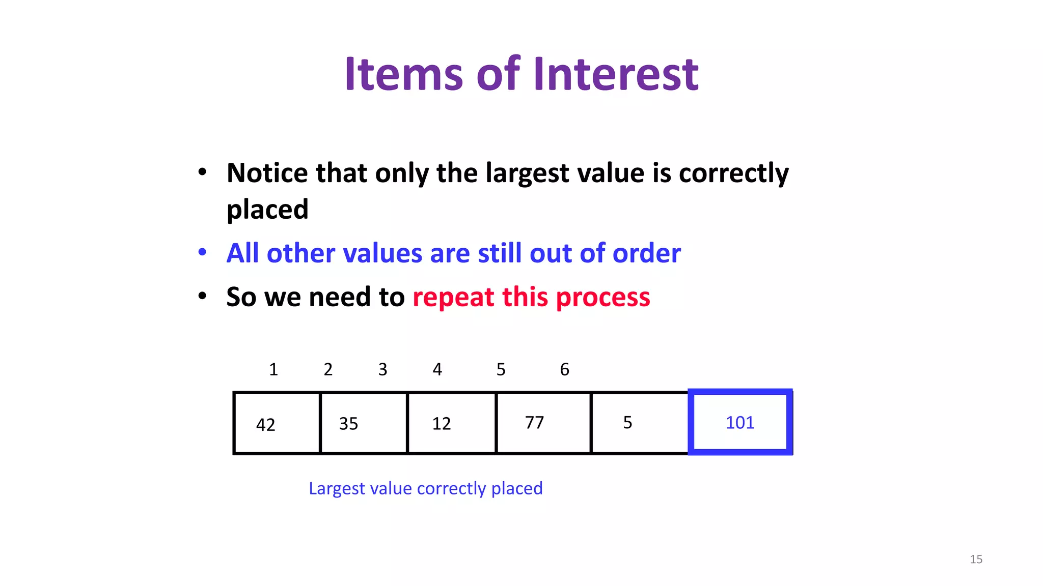 Items of Interest
• Notice that only the largest value is correctly
placed
• All other values are still out of order
• So we need to repeat this process
77123542 5
1 2 3 4 5 6
101
Largest value correctly placed
15
 