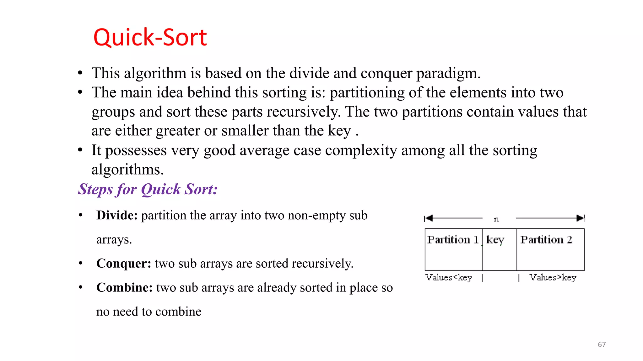 67
• This algorithm is based on the divide and conquer paradigm.
• The main idea behind this sorting is: partitioning of the elements into two
groups and sort these parts recursively. The two partitions contain values that
are either greater or smaller than the key .
• It possesses very good average case complexity among all the sorting
algorithms.
Quick-Sort
Steps for Quick Sort:
• Divide: partition the array into two non-empty sub
arrays.
• Conquer: two sub arrays are sorted recursively.
• Combine: two sub arrays are already sorted in place so
no need to combine
 