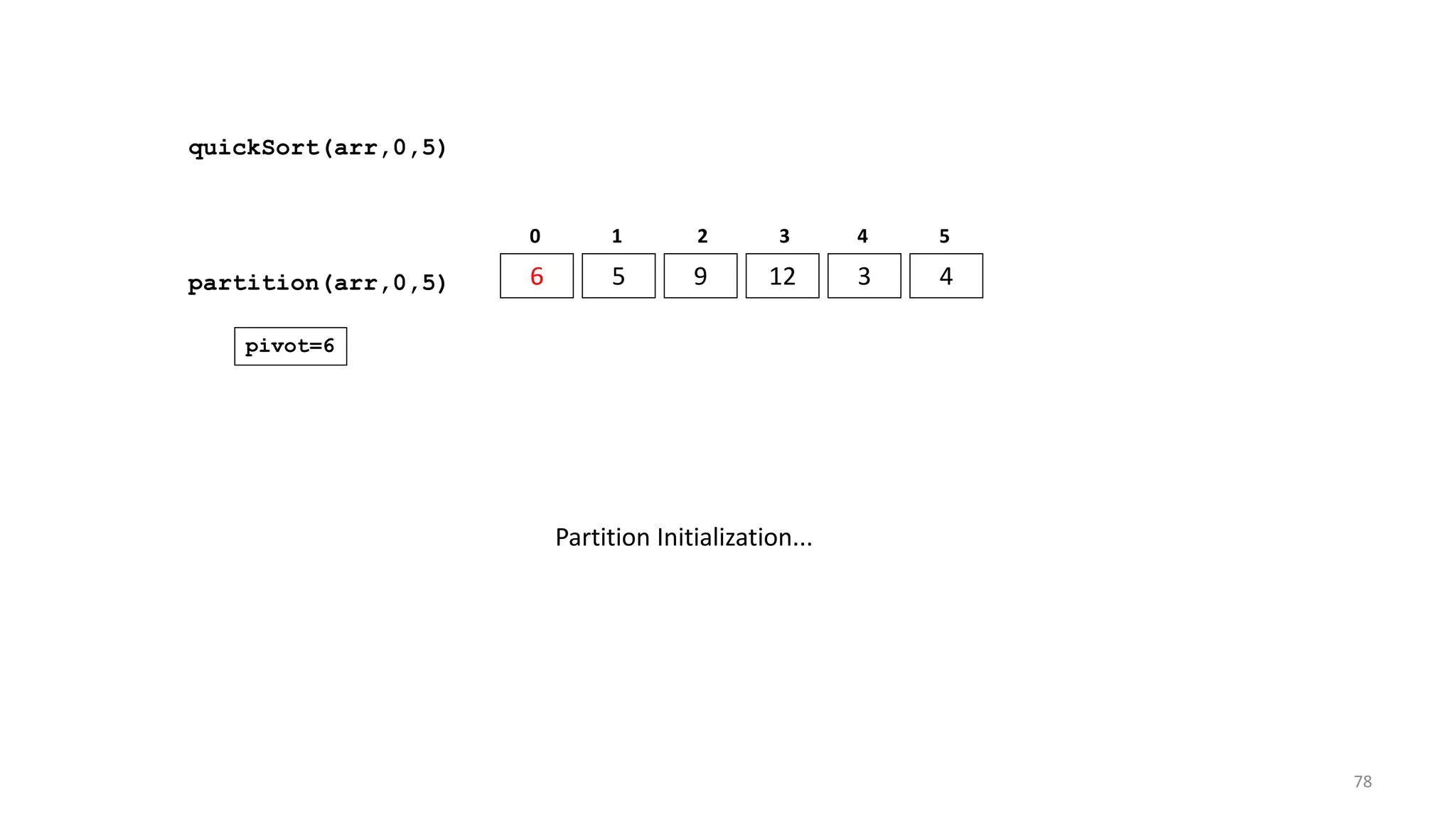 quickSort(arr,0,5)
6 5 9 12 3 4
0 1 2 3 4 5
partition(arr,0,5)
pivot=6
Partition Initialization...
78
 