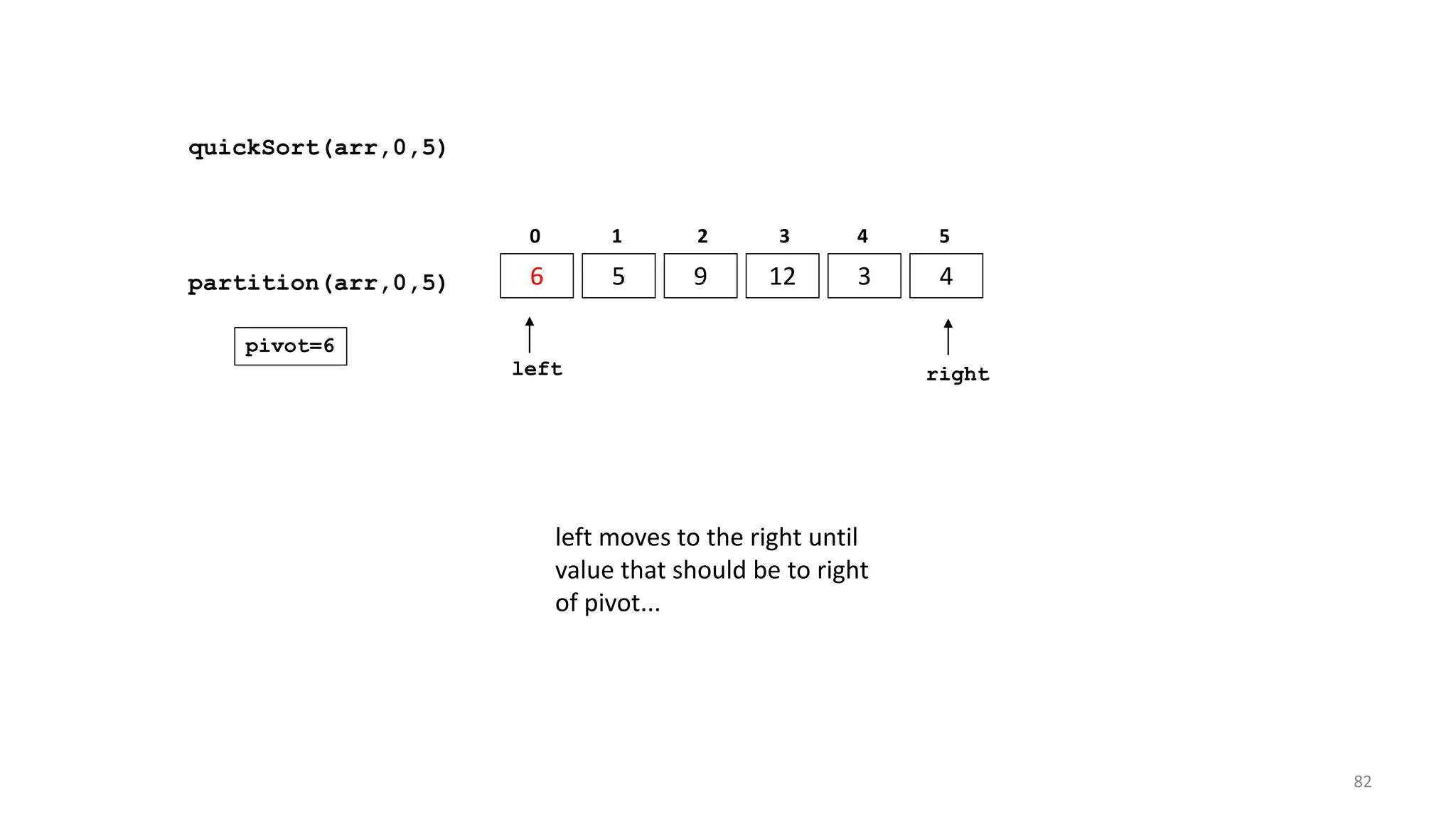 quickSort(arr,0,5)
6 5 9 12 3 4
0 1 2 3 4 5
partition(arr,0,5)
left right
pivot=6
left moves to the right until
value that should be to right
of pivot...
82
 