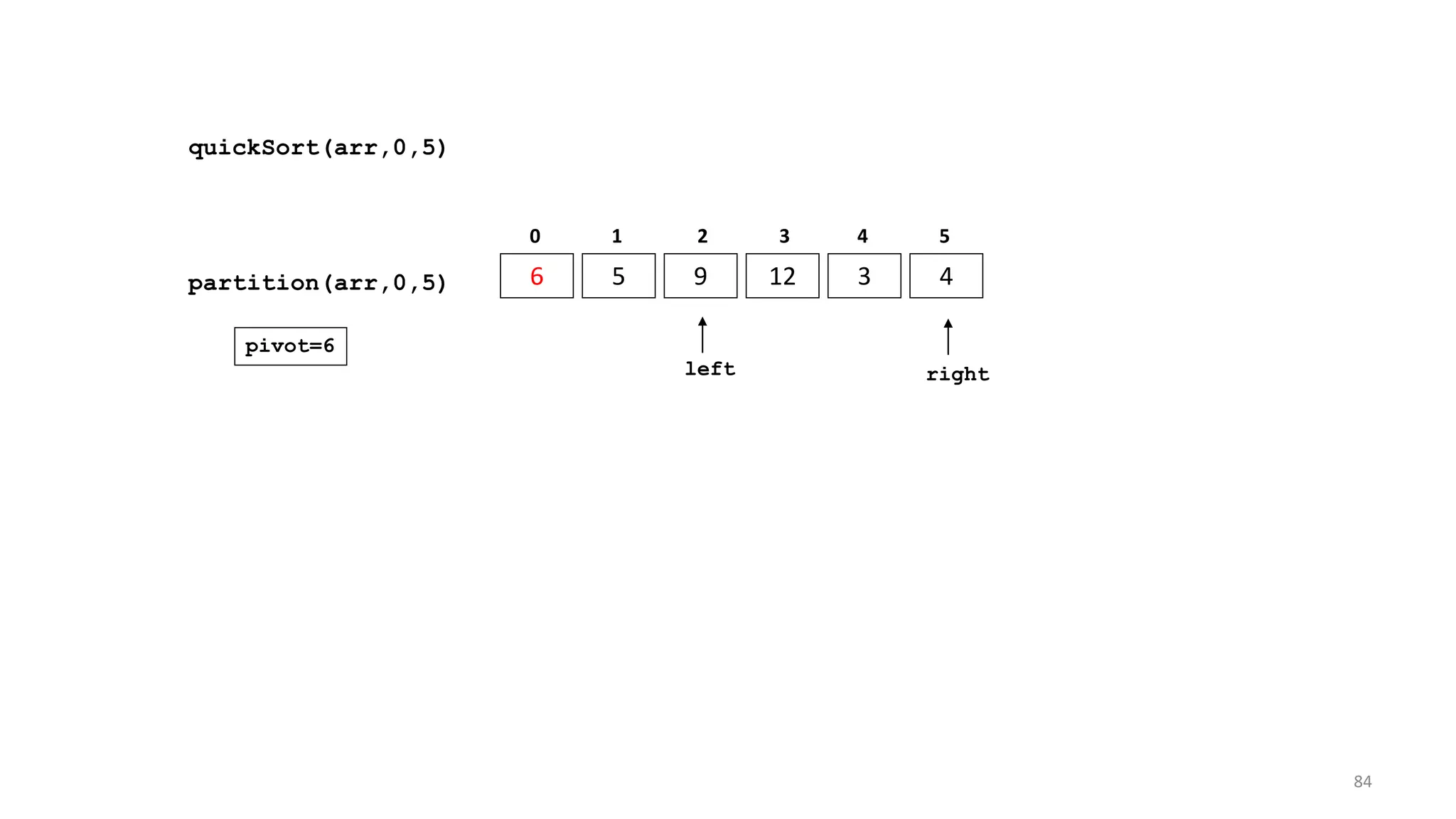 quickSort(arr,0,5)
6 5 9 12 3 4
0 1 2 3 4 5
partition(arr,0,5)
left right
pivot=6
84
 