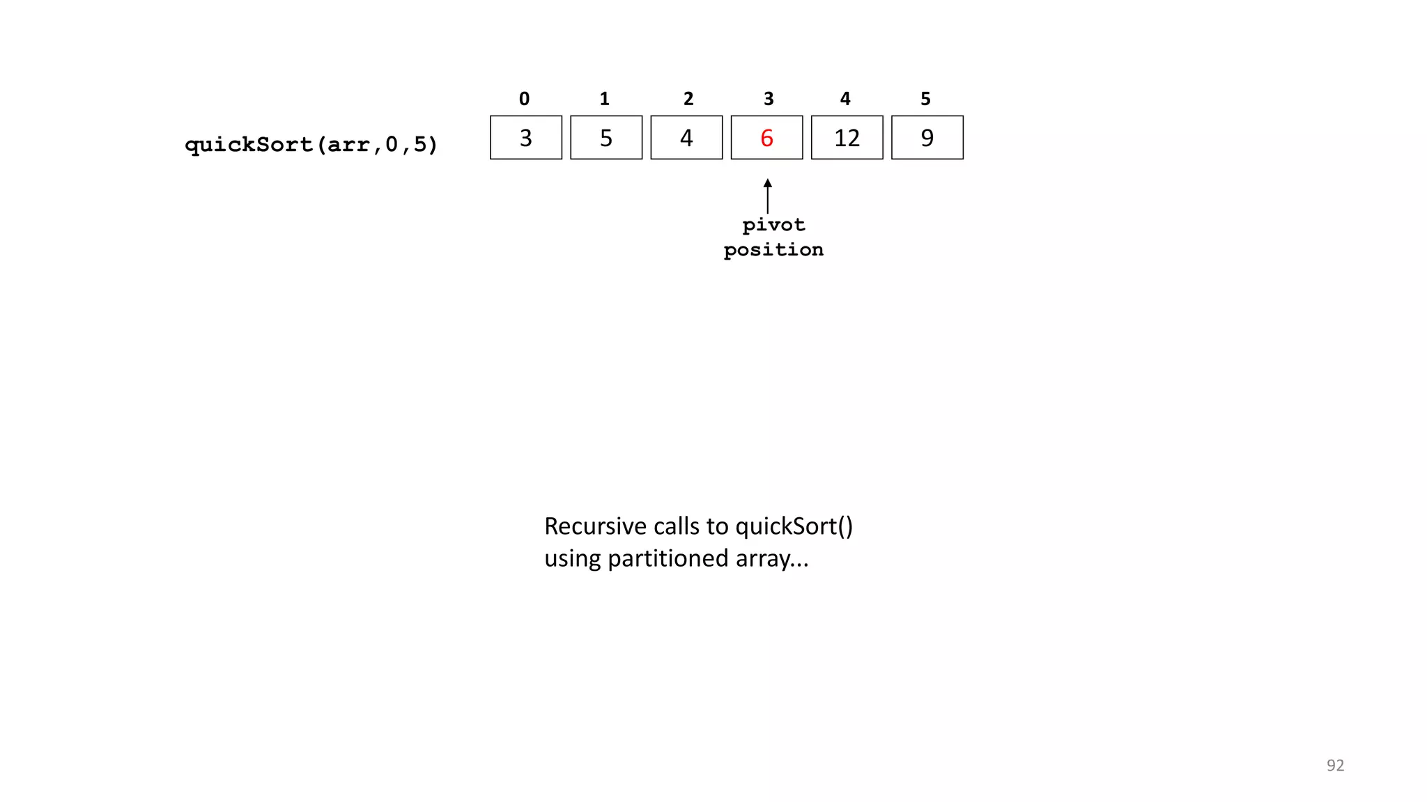 quickSort(arr,0,5) 3 5 4 6 12 9
0 1 2 3 4 5
Recursive calls to quickSort()
using partitioned array...
pivot
position
92
 