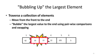 "Bubbling Up" the Largest Element
• Traverse a collection of elements
– Move from the front to the end
– “Bubble” the largest value to the end using pair-wise comparisons
and swapping
512357742 101
1 2 3 4 5 6
Swap35 77
10
 