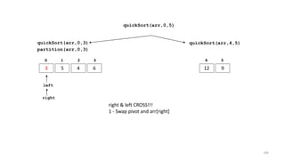 quickSort(arr,0,3)
3 5 4 6
0 1 2 3
quickSort(arr,4,5)
12 9
4 5
partition(arr,0,3)
left
right
right & left CROSS!!!
1 - Swap pivot and arr[right]
quickSort(arr,0,5)
104
 