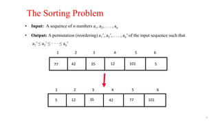 512354277 101
1 2 3 4 5 6
5 12 35 42 77 101
1 2 3 4 5 6
• Input: A sequence of n numbers a1, a2, . . . , an
• Output: A permutation (reordering) a1’, a2’, . . . , an’ of the input sequence such that
a1’ ≤ a2’ ≤ · · · ≤ an’
The Sorting Problem
4
 