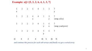73
Example: a[]={5, 3, 2, 6, 4, 1, 3, 7}
(1 3 2 3 4) 5 (6 7)
and continue this process for each sub-arrays and finally we get a sorted array.
 