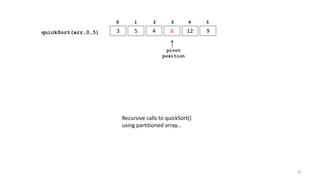 quickSort(arr,0,5) 3 5 4 6 12 9
0 1 2 3 4 5
Recursive calls to quickSort()
using partitioned array...
pivot
position
92
 