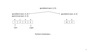 quickSort(arr,0,3)
3 5 4 6
0 1 2 3
quickSort(arr,4,5)
12 9
4 5
partition(arr,0,3)
Partition Initialization...
left right
quickSort(arr,0,5)
98
 